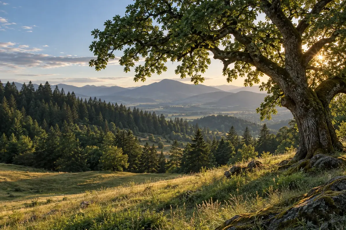 Illustrative oak landscape and wooded hills