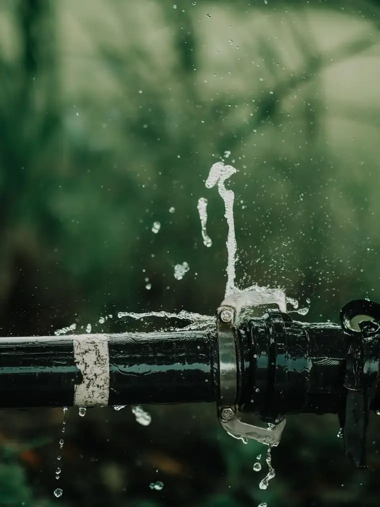 Water spraying from a failed pipe joint — the kind of call that cannot wait