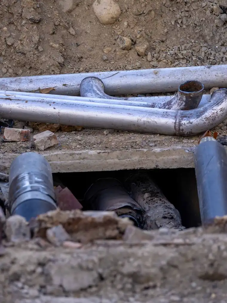 Sewer lateral pipework exposed in an open trench during a replacement