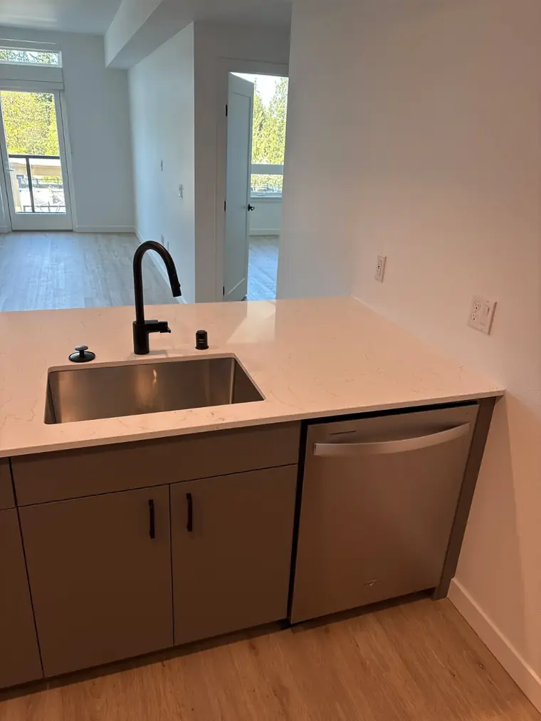 Kitchen remodel on Camano Island — undermount stainless sink, quartz counter, matte black pull-down faucet