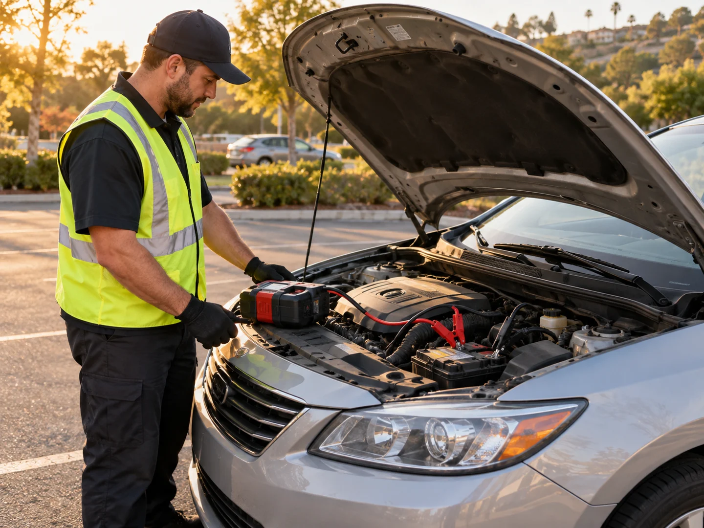A car being jump started with a portable battery booster