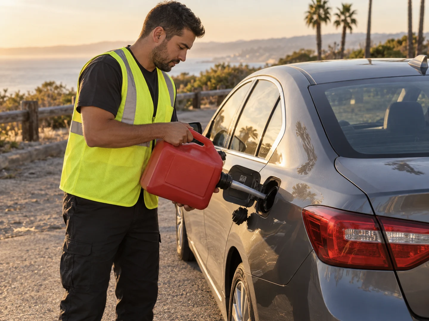 Roadside worker refueling a car from a portable gasoline container