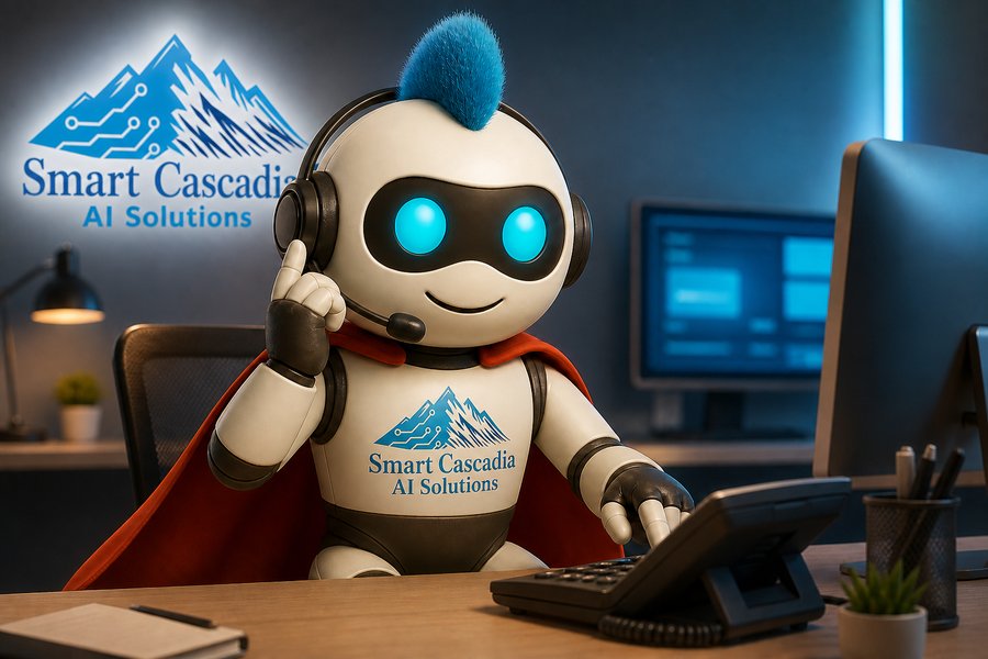 Smart Cascadia AI receptionist robot mascot answering a phone at a desk