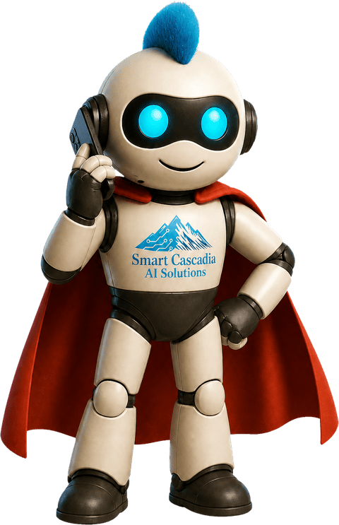Smart Cascadia AI receptionist robot mascot holding a phone to its ear