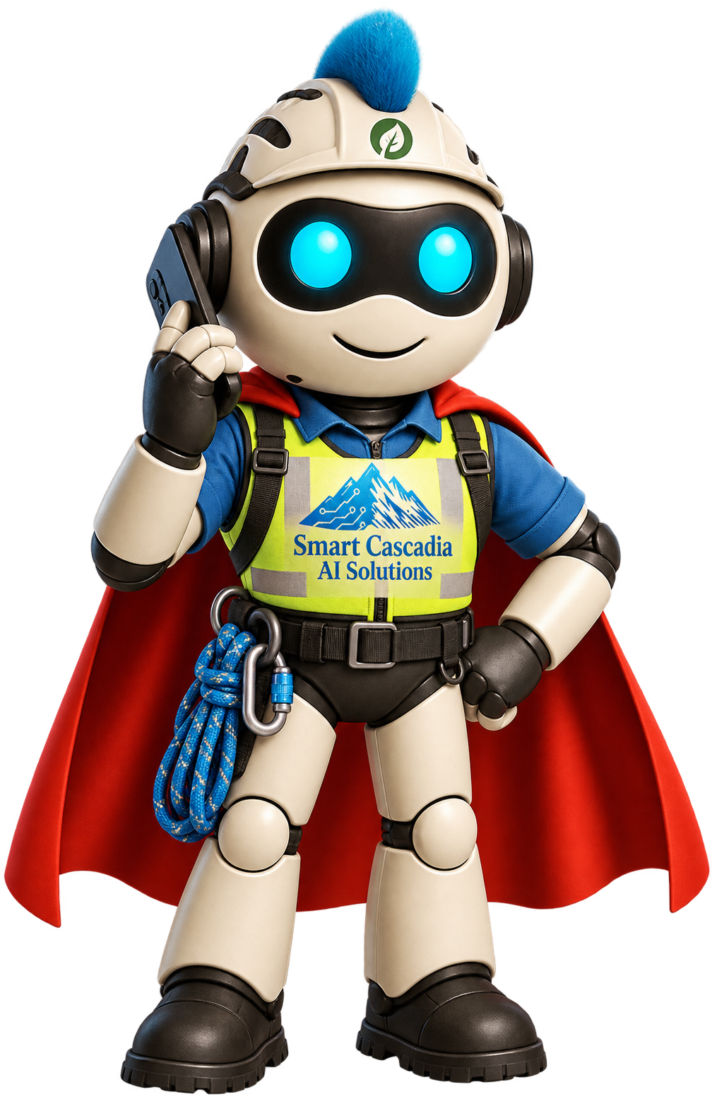 Smart Cascadia tree-service AI receptionist mascot holding a phone